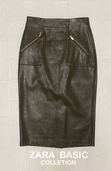 【ZARA WOMAN】エコレザー タイトスカート カーキブラウン XS スリット ブラウン系 カーキ系