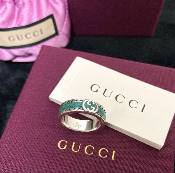 【即決/送料込み】正規品 GUCCI/グッチ インターロッキングG/GGロゴ 14号刻印 ターコイズ/シルバー925 グリーン×シルバー 指輪