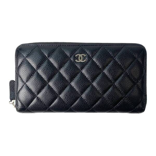 美品 シャネル CHANEL レディース ラウンドジップ 長財布 キャビアスキン 19番台 ブラック