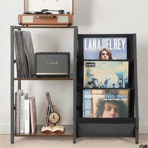 【レトロデザインのアナログレコード収納ラック】 音楽ラック 3段 幅84cm ギタースタンド付きラック 組立て簡単 ブラック