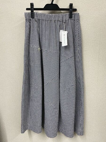 ♪送料無料 コットンハウスアヤ 新品18,700円 コクーン ゴム ロングスカート サッカー地 紺 ギンガムチェック柄 M 綿100% cotton house Aya