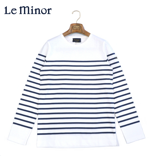 【40%OFF・新品・1(S)】Le Minor(ルミノア)コットンボーダー ロングスリーブクルーネックカットソー ホワイト×ネイビー 61928H-D5
