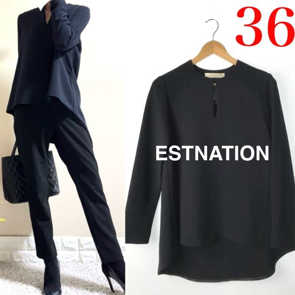 美品!エストネーション ESTNATION キーネック プルオーバー ブラウス チュニック 36 S 濃紺 ダークネイビー 手洗いOK