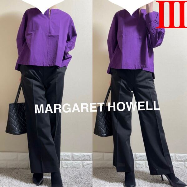 大きいサイズ!マーガレットハウエル MARGARET HOWELL 春夏秋 ワイドパンツ トラウザーパンツ Ⅲ 黒 W80 ゆったり L XL ブラック