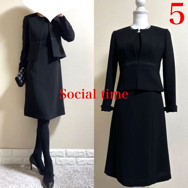 新品級!小さいサイズ XS ソーシャルタイム ブラックフォーマルスーツ AOKI 礼服 喪服 5 XS 黒 ワンピース ジャケット セットアップ