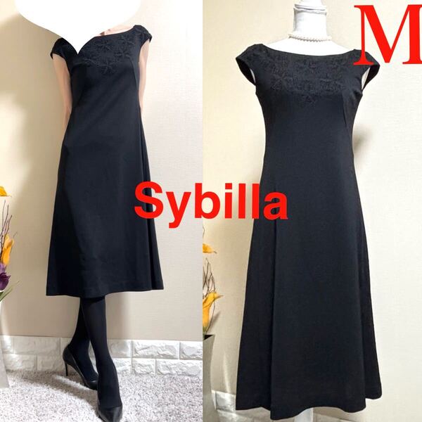 Sybilla シビラ ビーズ刺繍 ストレッチ ロングワンピース M 黒 40