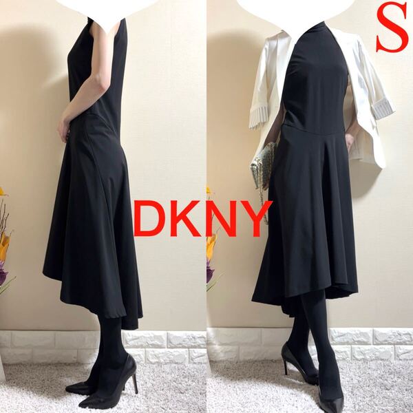 DKNY ダナキャラン バックテール ロングワンピース 0 S 漆黒 線あり