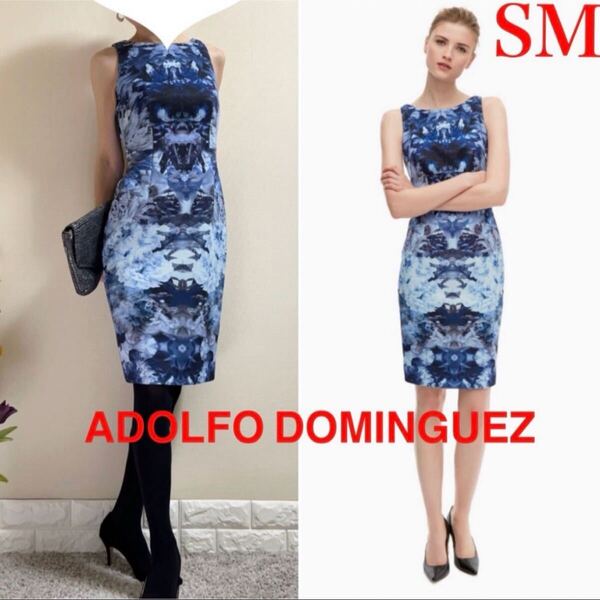 美品!アドルフォドミンゲス ADOLFO DOMINGUEZ Adolfo Dominguez 高級 花柄 ストレッチワンピース SM ブルー 2 フラワー