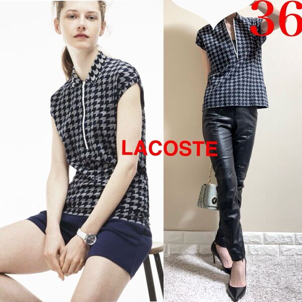美品!ラコステ LACOSTE リネンコットン 清涼 フレンチスリーブ 千鳥 ポロシャツ 濃紺 36 SM ネイビー ストレッチ 麻