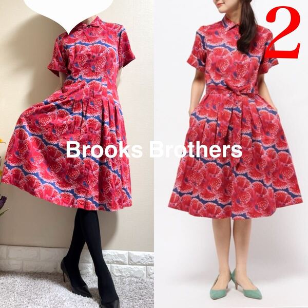 美品!ブルックスブラザーズ Brooks Brothers コレクション シャツワンピース 赤 2 SM 総柄 半袖 ザック ポーゼン Zac Posen