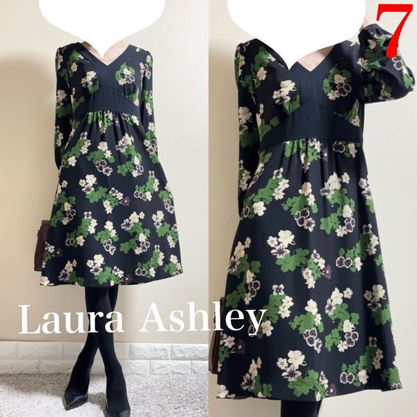 美品!Laura Ashley ローラアシュレイ 花柄 長袖 ワンピース 7 SM 黒 フラワー オケージョン ジョーゼット ブラック パフスリーブ