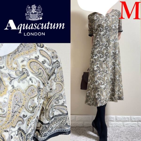 美品!アクアスキュータム AQAUASCUTUM Aquascutum ペイズリー ジョーゼット ロングワンピース ベージュ M向け