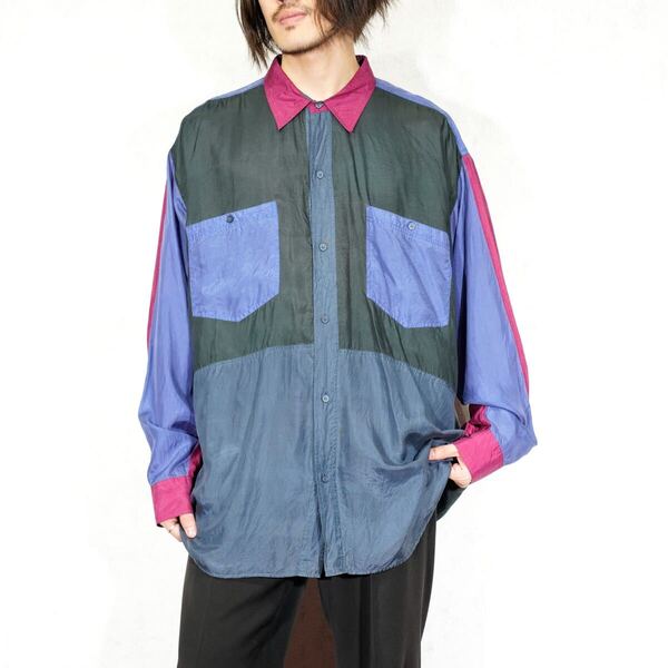 USA VINTAGE HEY MAN CRAZY PATTERNED SILK100% DESIGN SHIRT/アメリカ古着クレイジーパターンシルク100%デザインシャツ