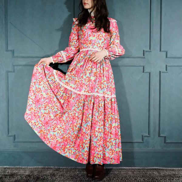 *SPECIAL ITEM* 60's~70's USA VINTAGE FLOWER PATTERNED LACE FRILL LONG ONE PIECE/60年代~70年代アメリカ古着花柄ロングワンピース