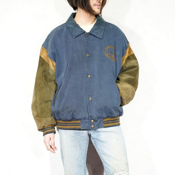 USA VINTAGE ARIZONA JEAN COMPANY EMBROIDERY DESIGN LEATHER DENIM STADIUM JUMPER/アメリカ古着刺繍デザインレザーデニムスタジャン