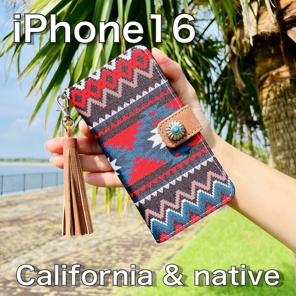 iPhone 16 レザーケース☆ネイティブ&コンチョ☆アイフォン手帳型カバー☆