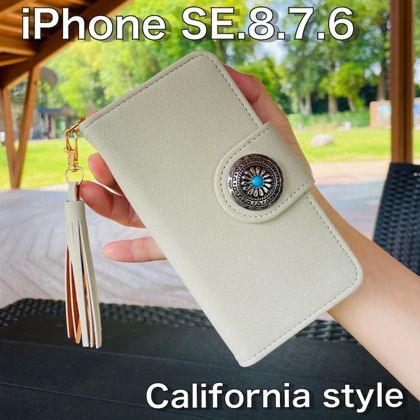 iPhone SE/8/7/6S/6 レザーカバー☆フリンジ/スエード&コンチョ☆アイフォン手帳型ケース☆