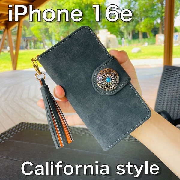 iPhone 16e レザーケース☆スエード&コンチョ☆アイフォン手帳型カバー*