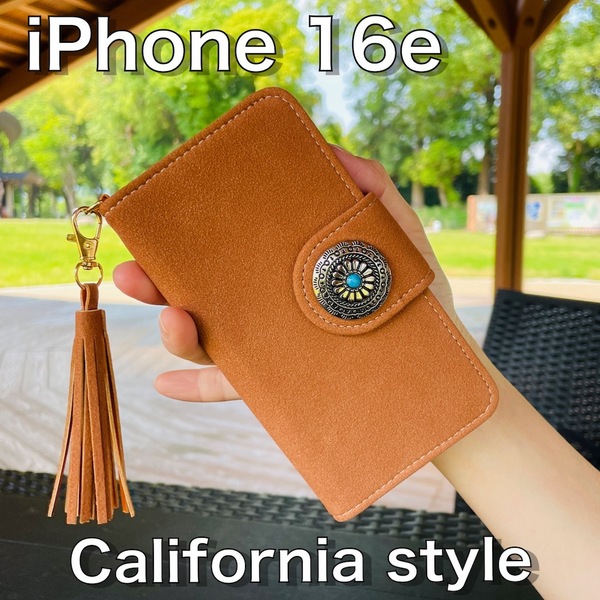 iPhone 16e レザーケース☆スエード&コンチョ☆アイフォン手帳型カバー☆