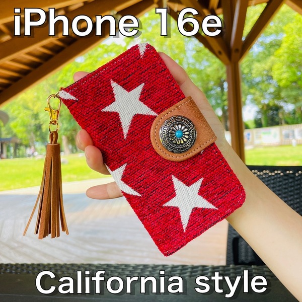 iPhone 16e レザーケース☆西海岸スタイル 星柄&コンチョ☆アイフォン手帳型カバー