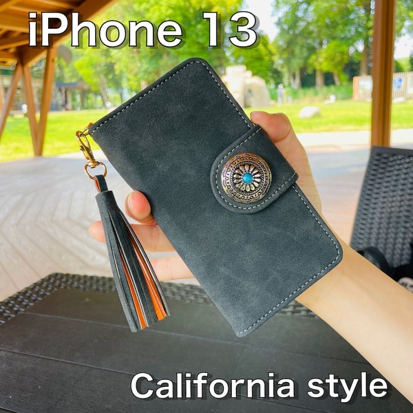 iPhone 13 レザーケース☆アイフォン手帳型カバー☆フリンジ/スエード&コンチョ☆