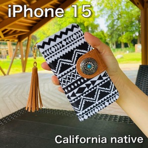 iPhone 15 レザーケース☆ネイティブ&コンチョ☆アイフォン手帳型カバー