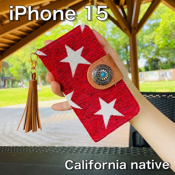 iPhone 15 レザーケース☆西海岸スタイル 星柄&コンチョ☆アイフォン手帳型カバー