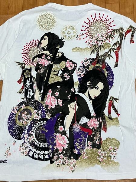 送料無料 大きめ 抜刀娘 和柄 和服 Tシャツ メンズXL 絡繰魂 刺青