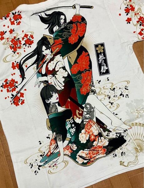 送料無料 大きめ 抜刀娘 美女3人 和柄 Tシャツ メンズXL 絡繰魂 刺青 やんちゃ