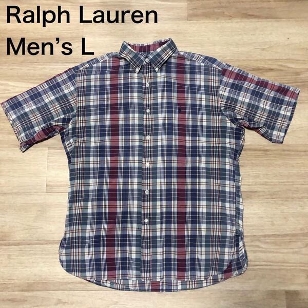 【送料無料】Ralph Lauren 半袖シャツ 青ワインレッド系チェック柄 メンズLサイズ ラルフローレン