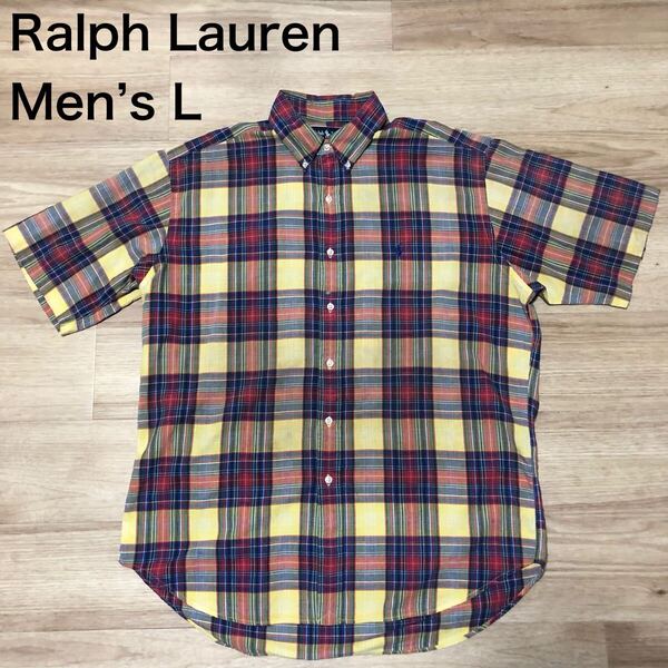 【送料無料】Ralph Lauren 半袖シャツ 青赤黄緑系チェック柄 メンズLサイズ ラルフローレン