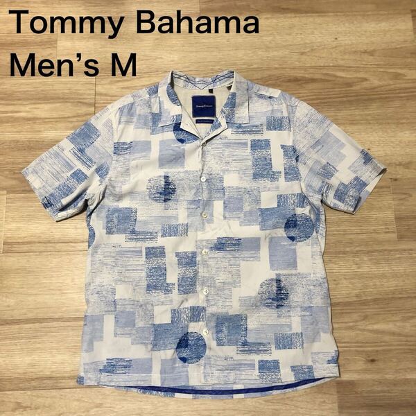 【送料無料】Tommy Bahamaポリエステル50%ビスコースレーヨン50%アロハシャツ 青白総柄メンズMサイズ ハワイアンシャツ半袖トミーバハマ