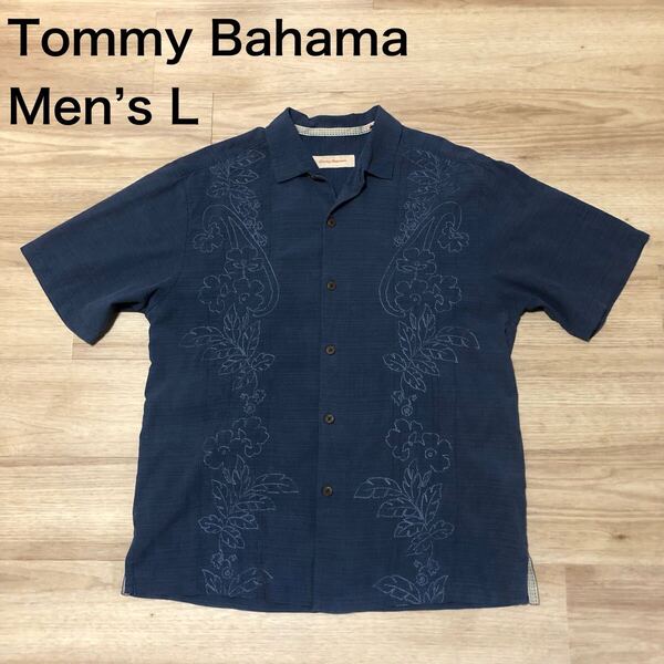 【送料無料】Tommy Bahamaシルク90%コットン10%半袖シャツ ネイビー刺繍 メンズLサイズ キューバシャツハワイアンアロハシャツトミーバハマ