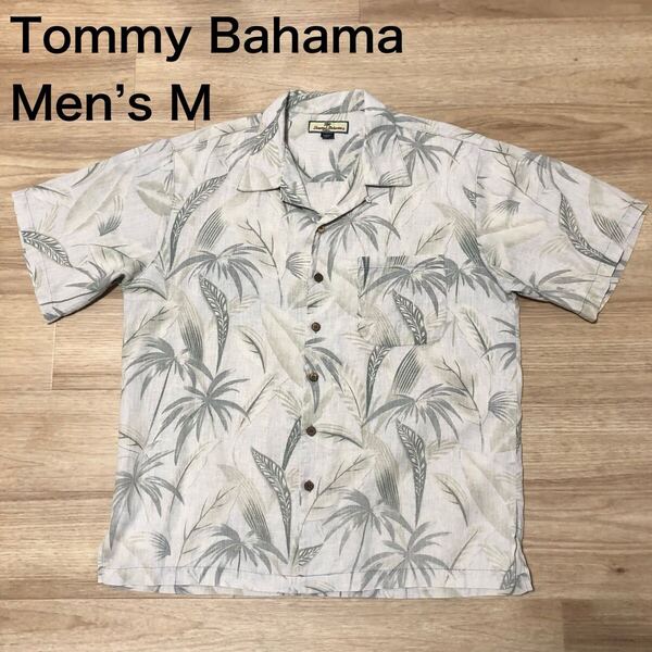 【送料無料】Tommy Bahamaシルク100%アロハシャツ アイボリー緑系総柄 メンズMサイズ トミーバハマハワイアンシャツ半袖シャツ絹