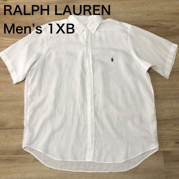 【送料無料】RALPH LAURENリネン製半袖シャツ白 メンズ1XBサイズ ラルフローレン麻