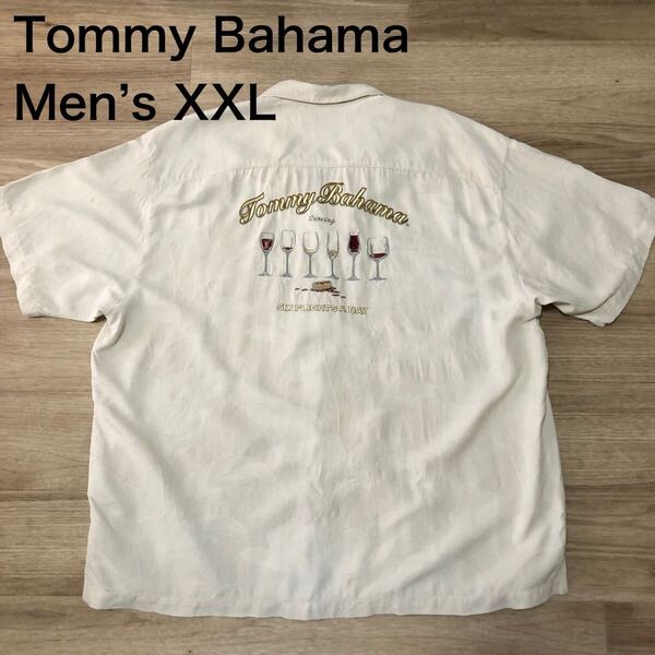 【送料無料】Tommy Bahamaシルク100%アロハシャツ アイボリー背面刺繍メンズXXLサイズ トミーバハマハワイアンシャツ半袖シャツ絹