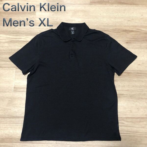 【送料無料】Calvin Klein 半袖ポロシャツ黒グレーボーダー柄 メンズXLサイズ カルバンクライン