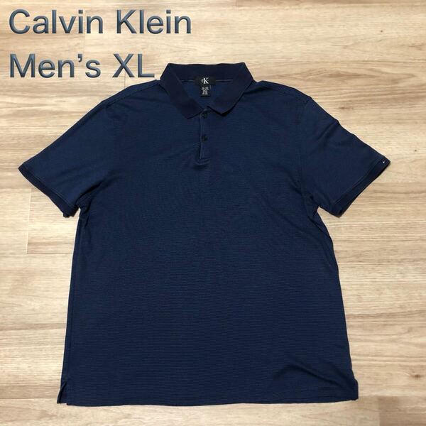 【送料無料】Calvin Klein 半袖ポロシャツ ネイビーボーダー柄 メンズXLサイズ カルバンクライン