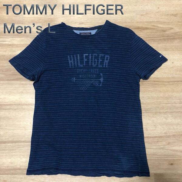 【送料無料】TOMMY HILFIGER半袖Tシャツ ネイビーボーダー柄プリント メンズLサイズ トミーヒルフィガー