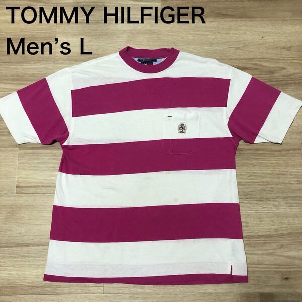 【送料無料】旧タグTOMMY HILFIGER胸ポケット半袖Tシャツ 白ピンクボーダー柄 メンズLサイズ トミーヒルフィガー