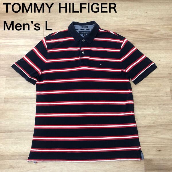 【送料無料】TOMMY HILFIGER半袖ポロシャツ ネイビー赤白ボーダー柄 メンズLサイズ トミーヒルフィガー