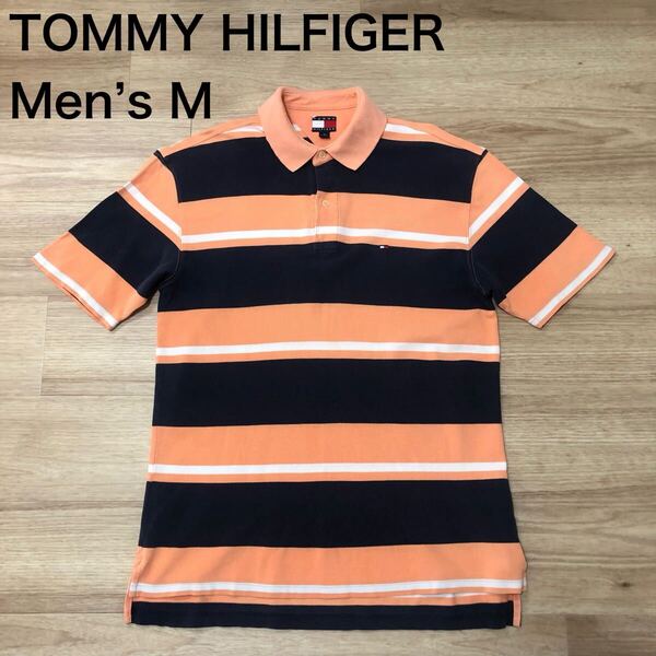 【送料無料】旧タグTOMMY HILFIGER半袖ポロシャツ オレンジネイビー白ボーダー柄 メンズMサイズ トミーヒルフィガー