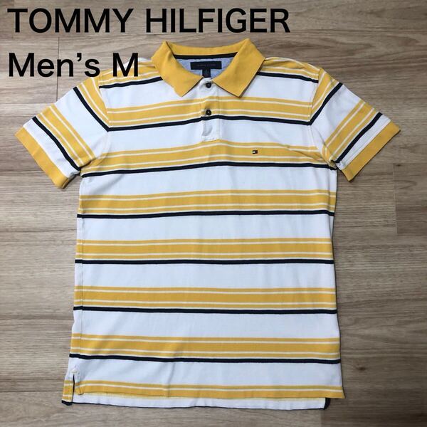 【送料無料】TOMMY HILFIGER 半袖ポロシャツ黄色白ネイビーボーダー柄 メンズMサイズ トミーヒルフィガー