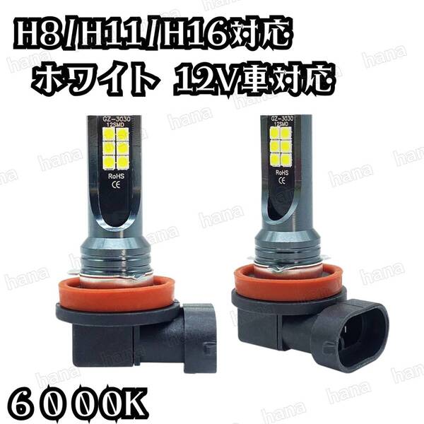H8/H11/H16共用LEDバルブ6000ケルビン2個組 明るい1920lm 爆光平面LED3030 長寿命LEDライト 純正交換フォグライト LED12個搭載で360度照射