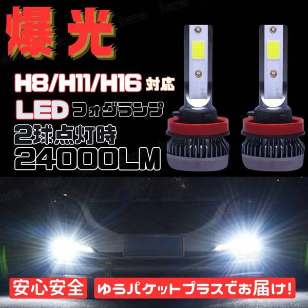 爆光LED 高輝度 フォグランプ H8 H11 H16 汎用バルブ 純白 ホワイト 6000k 12V 24000lm 2球 アルファード ヴェルファイア プリウス