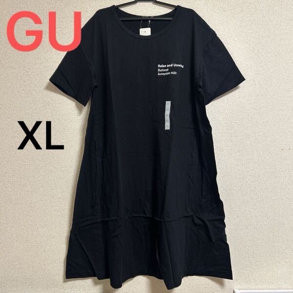 新品 GU グラフィック Aラインミニワンピース 半袖 ブラック 黒 XL