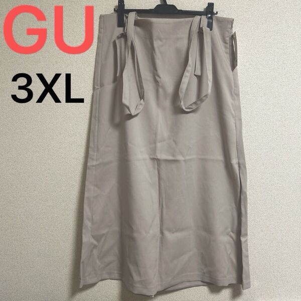 新品 GU サスペンダー付き ハイウエストセミフレアスカート ベージュ 3XL