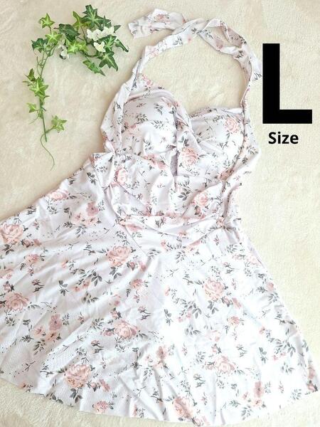 花柄 ワンピース型 水着 Lサイズ フレアスカート バスト盛れ フェミニン 体型カバー 可愛い 大人女性用