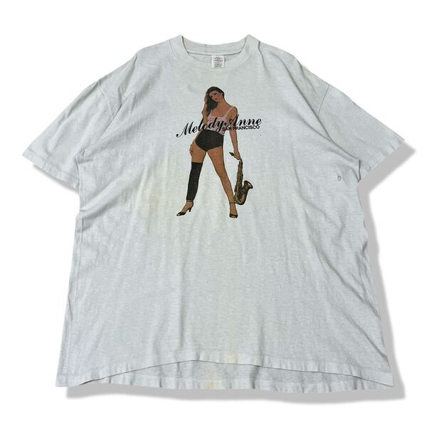 【80s〜】USA製 Melody Anne ジャズTシャツ ホワイト XL 半袖 クルーネック Stedman 女性 プリント シングルステッチ ビンテージTシャツ