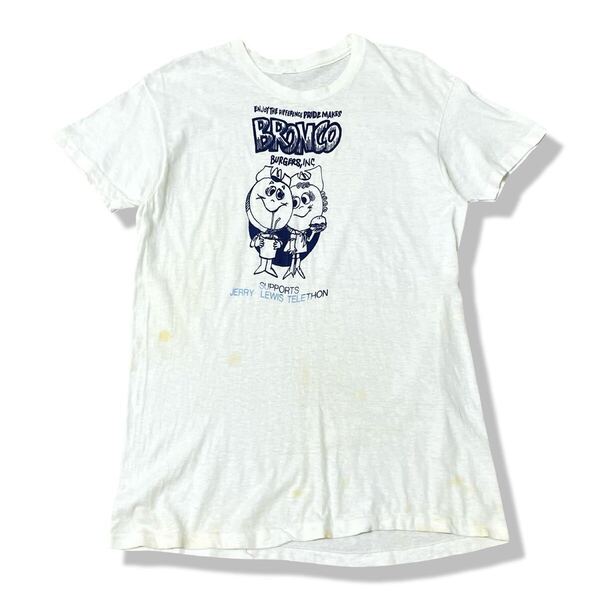 【ヴィンテージ】70s BRONCO BURGERS プロモーションTシャツ 実寸M 企業物 キャラクター 半袖 シングルステッチ ビンテージTシャツ 古着